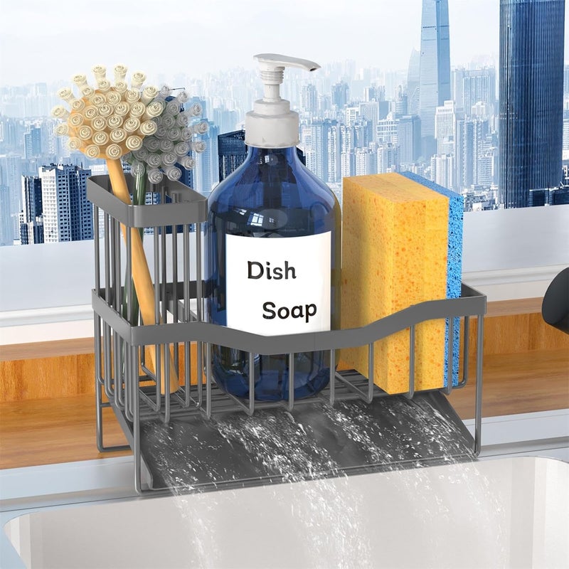 Fssvcd Maifan Sink Caddy Sponge Holder for Kitchen with Brush Holder and Stainless Steel Self Drain Tray, Rustproof Kitchen Sink Organizer for Sponge, Soap Dispenser Storage Accessories Dark Gray - Image 1